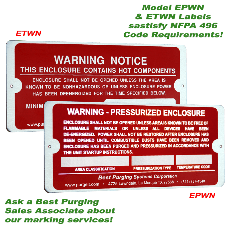 NFPA 496 Type Y and Z Enclosure Purging and Pressurization Unit Enclosure Warning Labels