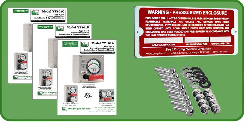 NFPA 496 Type Y and Z Model 101A, 101B and 101C Enclosure Pressurization Unit-Installation Manual Warning Label and Mounting Hardware