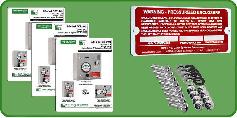 NFPA 496 Type Y and Z Model 102 103 and 104 Enclosure Purge Unit Installation Manual Warning Label and Mounting Hardware